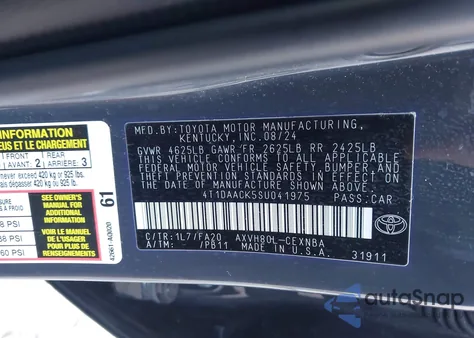 2025 Toyota Camry Le z USA, uszkodzony, nr VIN 4T1DAACK5SU041975